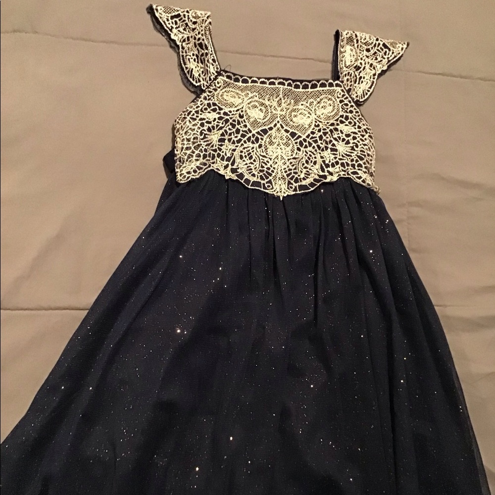 Dark blue, lace, gold glitter girls dress, Size 5